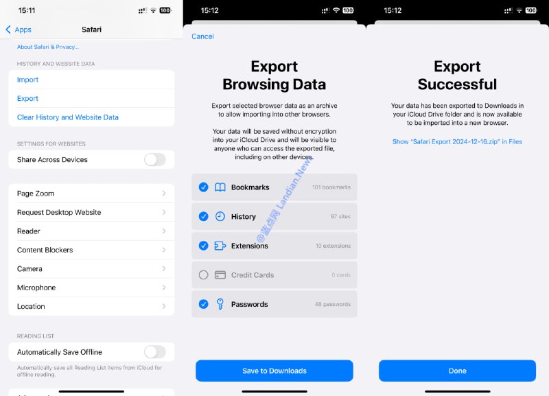 #图文教程 iOS 18.2 Safari 浏览器已支持导入和导出书签 / 扩展程序 / 密码等，这可以帮助 iPhone 和 Windows 组合用户同步 Chrome 等浏览器与 Safari 的书签